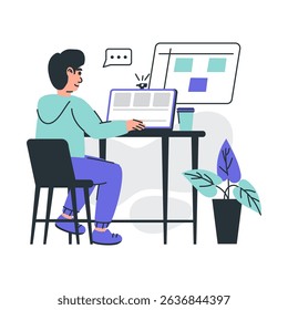 A young man sits working on his laptop at a modern high desk with a cup and a plant nearby, illustrating a casual and productive home office or freelance digital workspace setting.