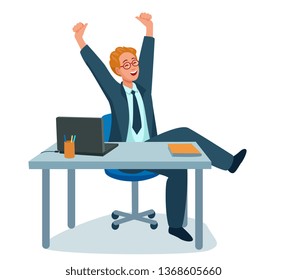 young man sits in the workplace and happily raises his hands up, he is happy with the success in his career.