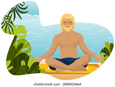 Un joven sentado en una pose de yoga sobre el fondo del océano. Estilo de vida saludable, descanso activo. Cursos prácticos al aire libre, ejercicios. Ilustración vectorial plana.