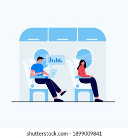 Joven sentado en un avión trabajando en una laptop, mujer sentada en el asiento, pasajeros en el avión, ilustración de un vector plano de caricatura