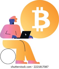 Junge Männer, die allein sitzen und auf dem Laptop Bitcoins kaufen oder verkaufen. Flache Vektorgrafik. Menschen, die Kryptowährung kaufen und verkaufen und Kryptomünzen auf dem wachsenden Markt abbauen
