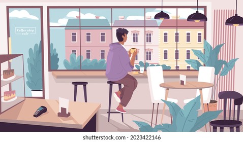 A young man sitting alone and drinking his morning coffee in an empty coffee shop. Colorful cartoon style vector illustration 