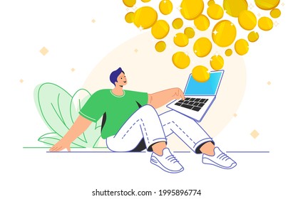 Young man sitting alone with laptop and enjoying profits as an investor. Flat vector illustration of people who use banking and stock exchange apps for investing online. Isolated on white background