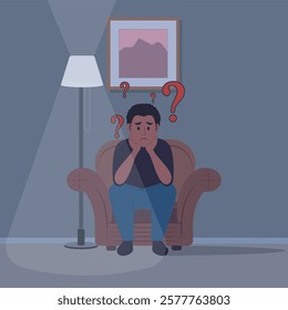 young man is sitting alone at night. Psychological problems. Frustration, thinking confused vector illustration