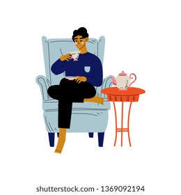 Young Man Sitting in Armchair with Cup of Coffee or Tea, Girl Spending Weekend at Home and Relaxing Vector Illustration