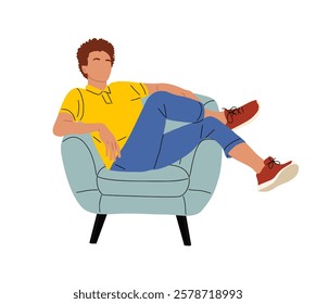 Young man sitting in armchair with his legs crossed. He is wearing yellow shirt and blue jeans. Flat vector illustration isolated on white background