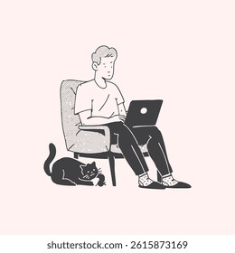 A young man is sitting in an armchair with a laptop and a cat is playing at his feet. Remote work, Freelance. Black and white minimalist illustration. Trendy vector illustration.