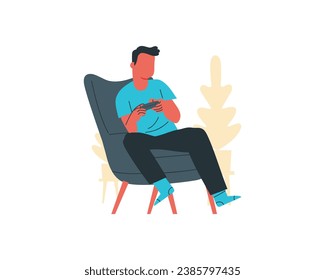 young man sitting in armchair and playing game  Flat vector illustration.
