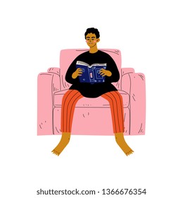 Young Man Sitting in Armchair and Reading Book, Guy Spending Weekend at Home and Relaxing, Rest at Home Vector Illustration Vector Illustration