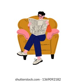 Young Man Sitting in Armchair and Reading Newspaper, Guy Spending Weekend at Home and Relaxing, Rest at Home Vector Illustration