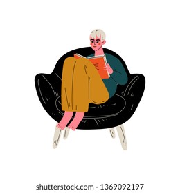 Young Man Sitting in Armchair and Reading Book, Guy Spending Weekend at Home and Relaxing Vector Illustration