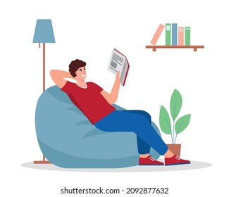 Young man sitting in armchair and reading book. Male person relaxing on bean bag after work. Reader student at home. Flat or cartoon Vector illustration.