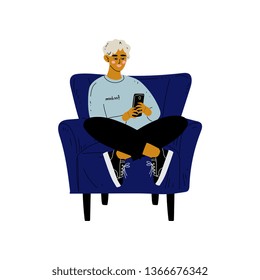 Young Man Sitting in Armchair with Smartphone, Guy Spending Weekend at Home and Relaxing, Rest at Home Vector Illustration