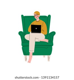 Young Man Sitting in Armchair Using Laptop Computer, Guy Working or Relaxing at Home Using Computer Vector Illustration