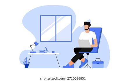 Hombre joven sentado en sillón usando ilustración de diseño plano portátil. Ilustración vectorial de diseño 