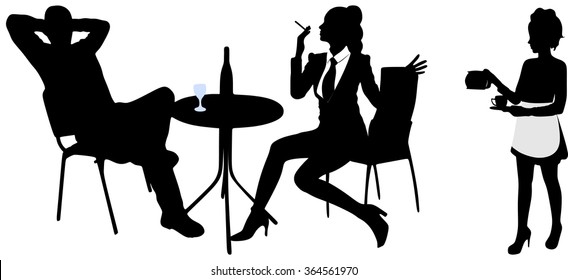 young man sitting in a bar and drinking wine while his girl sitting and smoking, waitress serving coffee