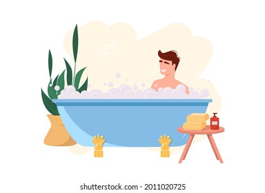 Young man is sitting in the bath and enjoying the rest. Home plant, towels, foam and bathroom cosmetics.  Vector illustration in flat style.