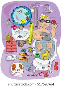 Young man sitting in a bath surrounded with different stuff.