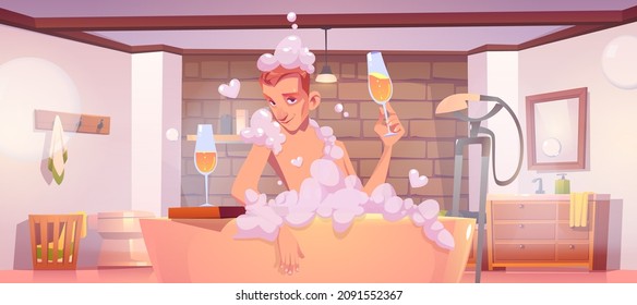 Young man sitting in bath tub with foam drinking champagne, dating in bathtub, relaxation, body care, honeymoon concept. Male character spa and bathing water procedures, Cartoon vector illustration