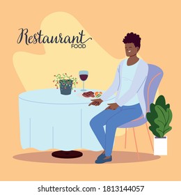 young man sitting in a beautiful restaurant having dinner with a glass of wine vector illustration design
