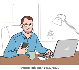 Young man sitting behind the laptop, near the window, with phone in his hand. Office table with coffee cup and pen. Vector illustration.	