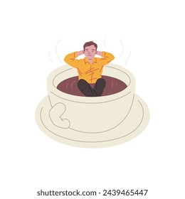 Young man sitting in the big cup with coffee and enjoying. Cartoon giant white mug and saucer with drink and boy inside in flat comic style. Coffee funny character vector illustration isolated