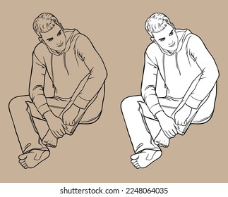 A young man sitting. Black and white hand-drawn vector drawing. Isolated drawing. For coloring books and design books. Love of young people.