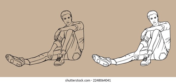 A young man sitting. Black and white hand-drawn vector drawing. Isolated drawing. For coloring books and design books. Love of young people.