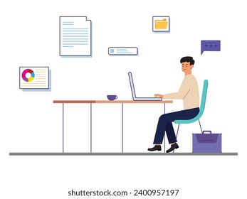 Young man sitting in a cafe with a cup of coffee at his job, working space outside the office. Character design. Vector flat illustration