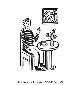 Young man sitting in cafe. Hand drawn vector character. Part of set.