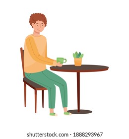 Young Man Sitting at Cafe Table Social Distancing Vector Illustration