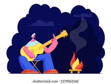 Young Man Sitting at Campfire at Night Time Singing Songs and Playing Guitar. Male Tourist Sparetime in Summer Camp. Summertime Leisure, Vacation Hiking or Traveling. Cartoon Flat Vector Illustration