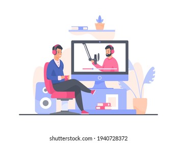 Young man sitting in chair with headphones and watching video podcast recording on large monitor. Online streaming, video interview, recording and listening podcast flat vector illustration