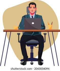 young man sitting in chair and making use of laptop vector illustration