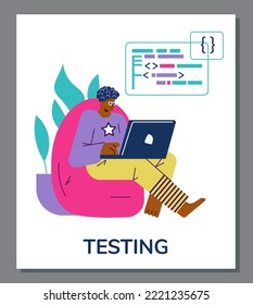 Young man sitting in chair and testing program on laptop, poster template, flat vector illustration. Programmer working from home - coding and developing software.