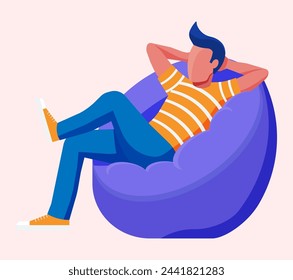 Young man sitting and chilling on bean bag. Man is resting in bag chair. Freelancer relaxing after work. Hipster character in jeans and t-shirt. Flat vector illustration