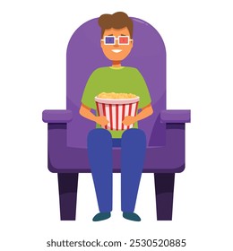 Young man is sitting in a cinema chair with 3d glasses, holding a bucket of popcorn