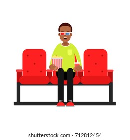 Young man sitting in the cinema with popcorn and watching 3d movie vector Illustration