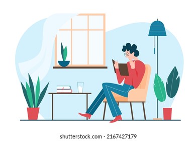 Young man sitting in comfort chair to read book in home living room interior with flowers, window, table and lamp. Reader character with glasses flat vector illustration. Self education time concept