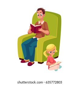 Young man sitting in comfortable armchair and little girl reading books sitting legs crossed on the floor, cartoon vector illustration isolated on white background. father and daugther reading