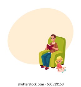 Young man sitting in comfortable armchair and little girl reading books sitting legs crossed on the floor, cartoon vector illustration with space for text.