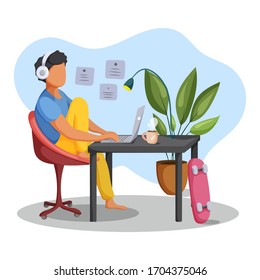 Young man sitting in comfortable chair at the desk with a laptop. Freelancer working or studying at home. Vector illustration.