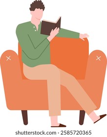 Young man sitting comfortably on an orange sofa, enjoying a captivating book and immersing himself in literature during leisure time at home, surrounded by a cozy atmosphere