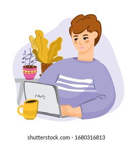 Young man is sitting at a computer with a cup of coffee at home. Concept of remote work, home office, freelancing. Online training of students and schoolchildren during quarantine. Vector illustration