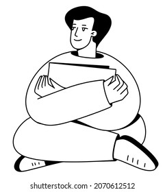 Young Man Sitting Cross Legs Holding Pillow. Flat Vector Illustration Isolated In White And Black