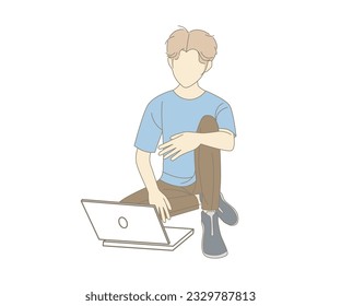 Young man  sitting with crossed legs, holding laptop. Freelance, studying, online education, work at home, work concept. 2d vector people character illustration. Cartoon minimal style