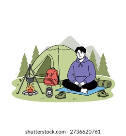 Young man sitting cross-legged next to a tent and campfire during an outdoor camping trip illustration.