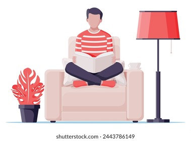 Joven sentado con las piernas cruzadas y leyendo un libro. Niño en pose de loto con libro en sillón. Trabajo creativo o estudio, educación. Se prepara para los exámenes. Estudiante con libro de texto. Ilustración vectorial plana