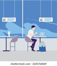 Young man sitting with cup of coffee and working on laptop, waiting hall departure lounge. Modern terminal, travel concept, airport interior, window with air plane background. Flat Vector Illustration