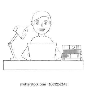 young man sitting at the desk with books laptop lamp